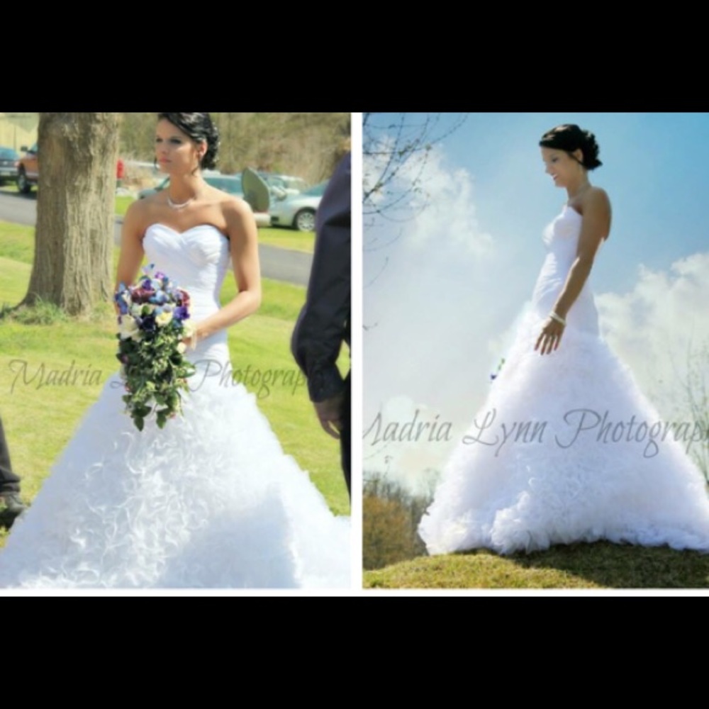 White strapless lace back wedding dress